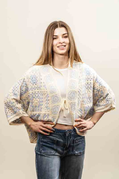 Cotton cardigan, cream/light blue - One Size