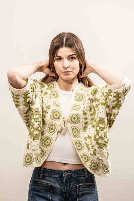 Cotton cardigan, cream/olive green - One Size