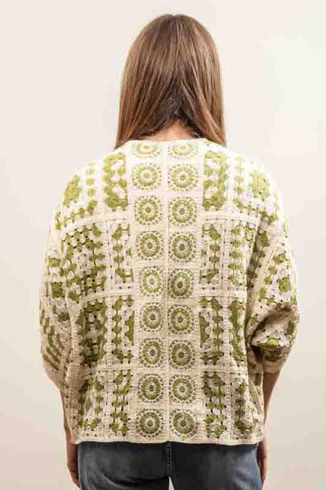 Cotton cardigan, cream/olive green - One Size