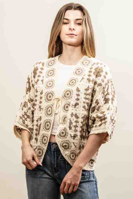 Cotton cardigan, cream/taupe - One Size