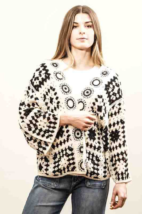Short cardigan, cotton, cream/black - One Size