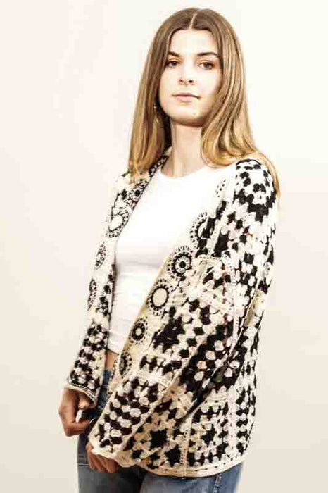 Short cardigan, cotton, cream/black - One Size