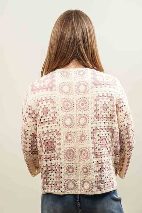 Short cotton cardigan, cream/pink - One Size