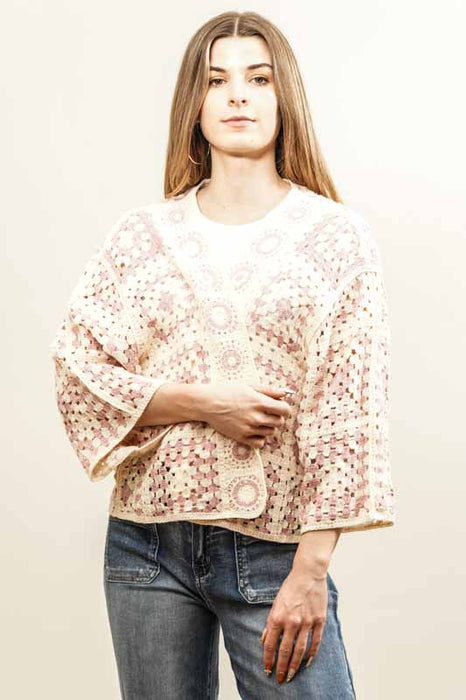 Short cotton cardigan, cream/pink - One Size