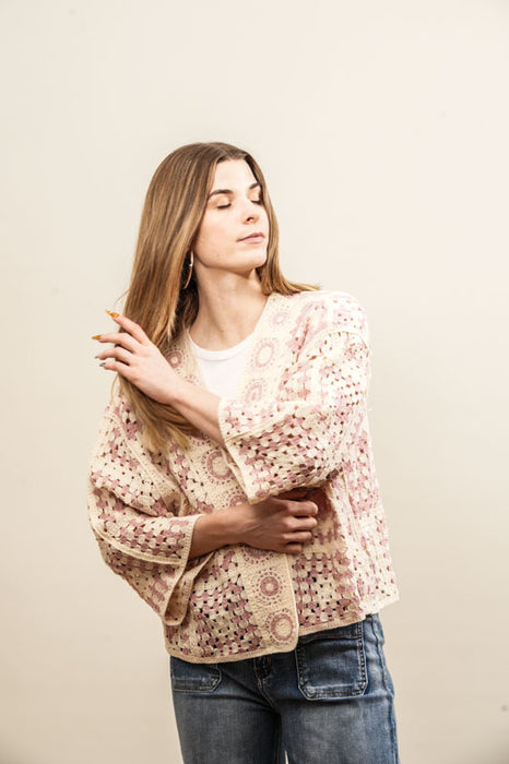 Short cotton cardigan, cream/pink - One Size