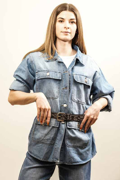 Denim jacket with belt, cotton/polyamide - size XL