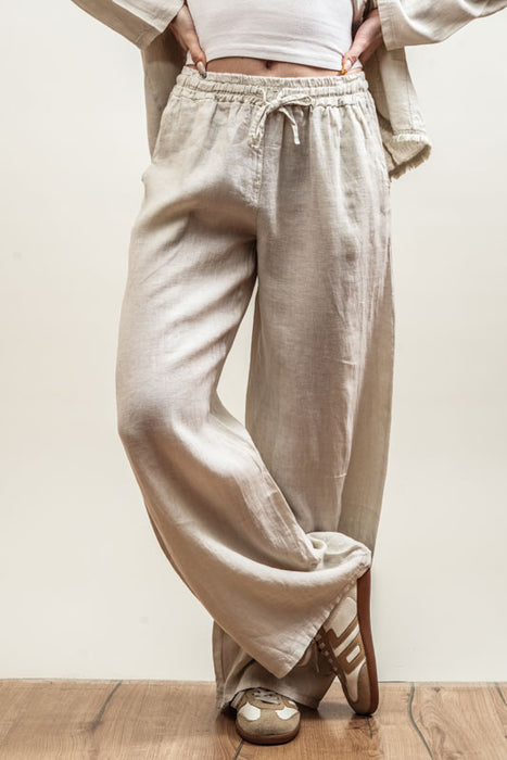 Beige linen trousers with elastic waistband - One Size