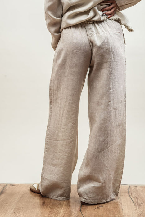 Beige linen trousers with elastic waistband - One Size