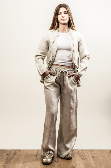 Beige linen trousers with elastic waistband - One Size