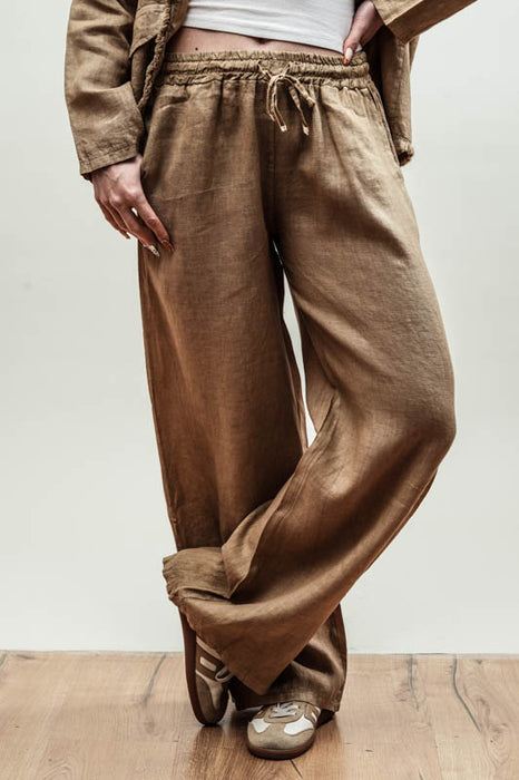 Linen trousers camel with elastic waistband - One Size