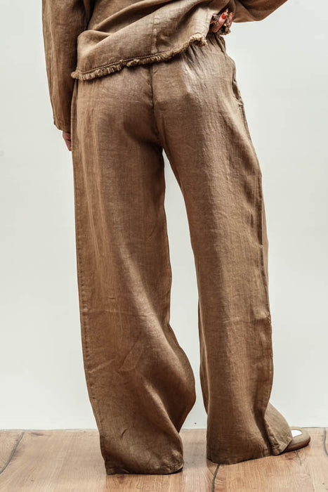 Linen trousers camel with elastic waistband - One Size