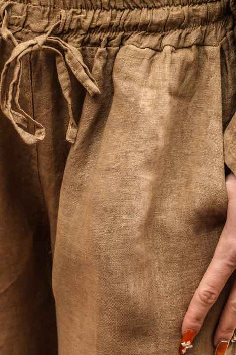 Linen trousers camel with elastic waistband - One Size