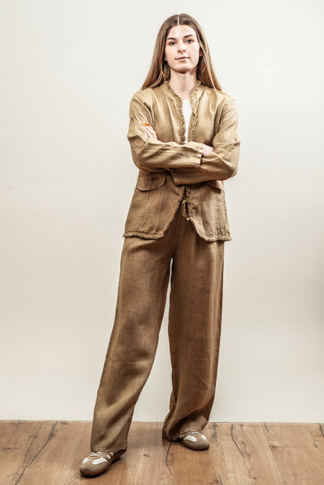 Linen trousers camel with elastic waistband - One Size