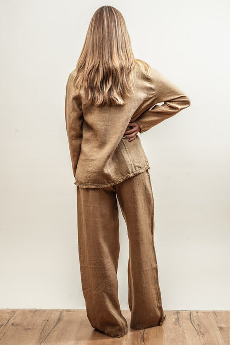 Linen trousers camel with elastic waistband - One Size