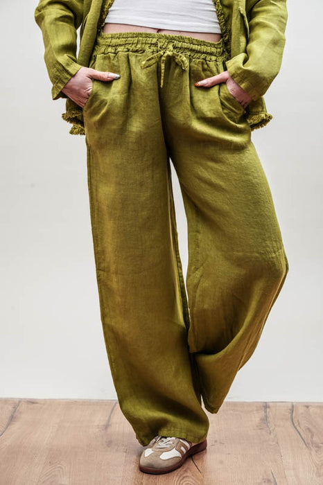 Olive green linen trousers with elastic waistband - One Size