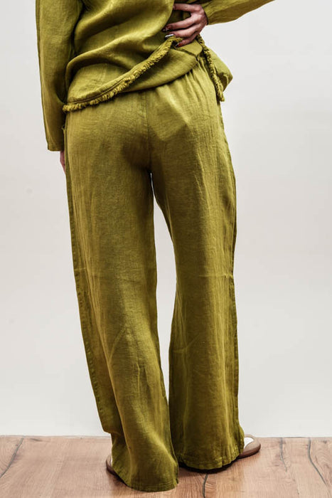 Olive green linen trousers with elastic waistband - One Size