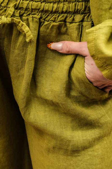 Olive green linen trousers with elastic waistband - One Size