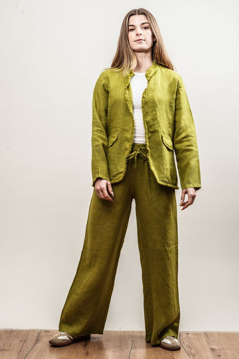 Olive green linen trousers with elastic waistband - One Size