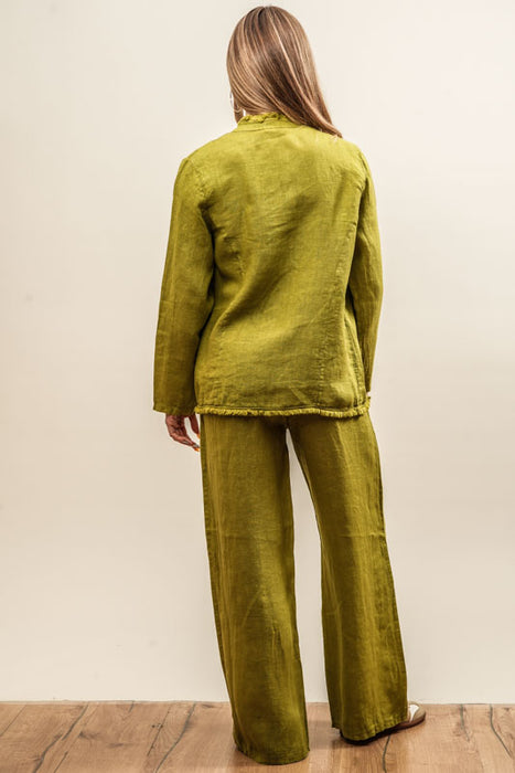 Olive green linen trousers with elastic waistband - One Size
