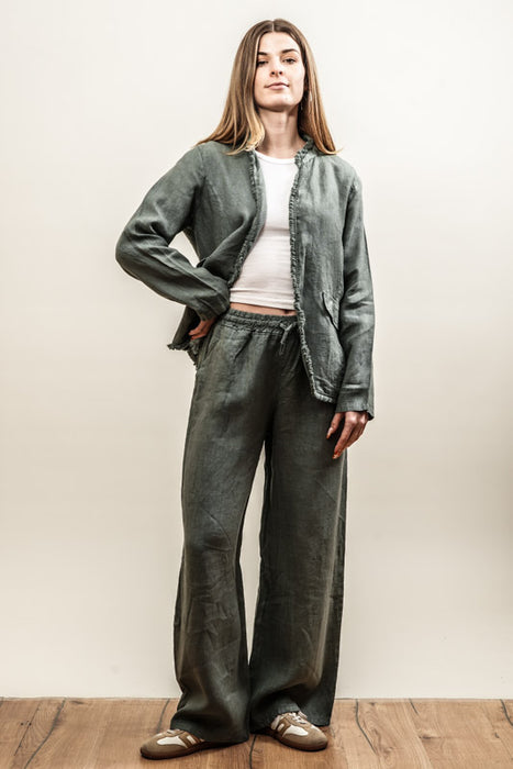 Linen trousers in petrol with elastic waistband - One Size