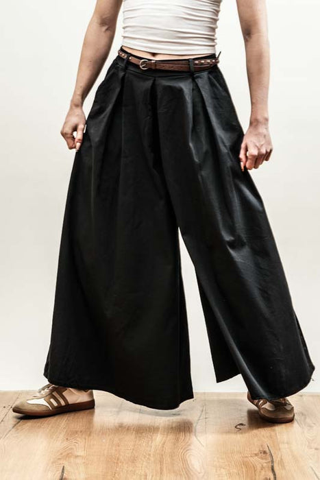 Cotton/polyamide wide-leg trousers with belt, black - One Size