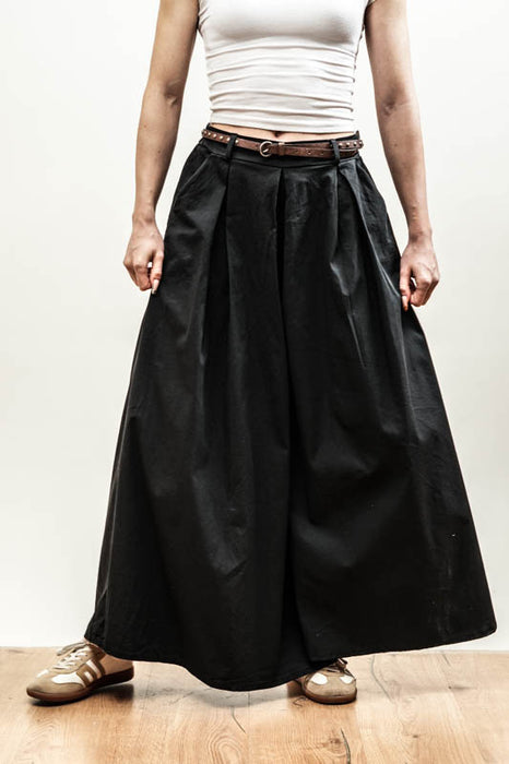 Cotton/polyamide wide-leg trousers with belt, black - One Size