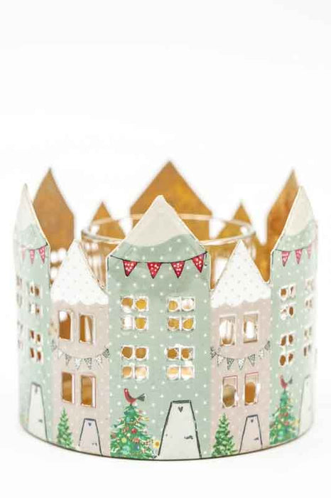 Photophore avec imprimé émaillé « Village de Noël » 10 cm