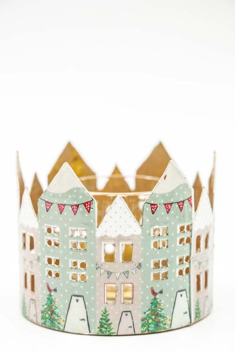 Photophore avec imprimé émaillé « Village de Noël » 10 cm