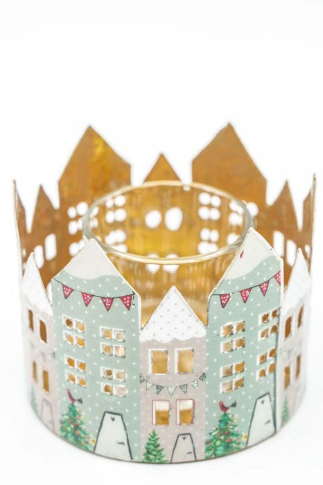 Photophore avec imprimé émaillé « Village de Noël » 10 cm