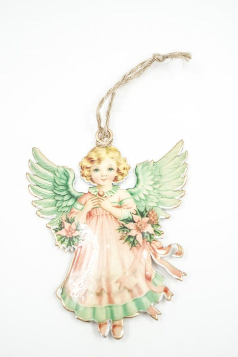 Pendentif imprimé émail ange aux fleurs couleurs pastel 10 cm