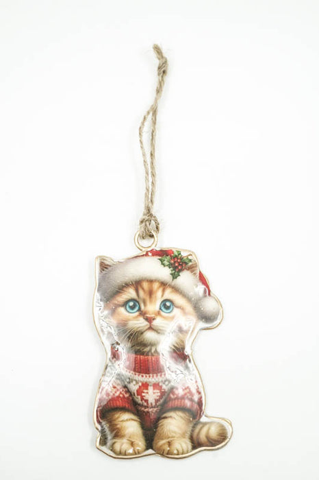 Ornament with enamel print of a cat wearing a Christmas hat, 10 cm