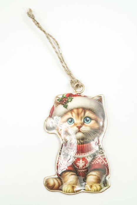 Ornament with enamel print of a cat wearing a Christmas hat, 10 cm