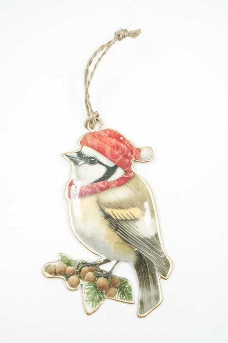 Décoration à suspendre avec imprimé émaillé d’un oiseau portant un bonnet de Noël, 10 cm