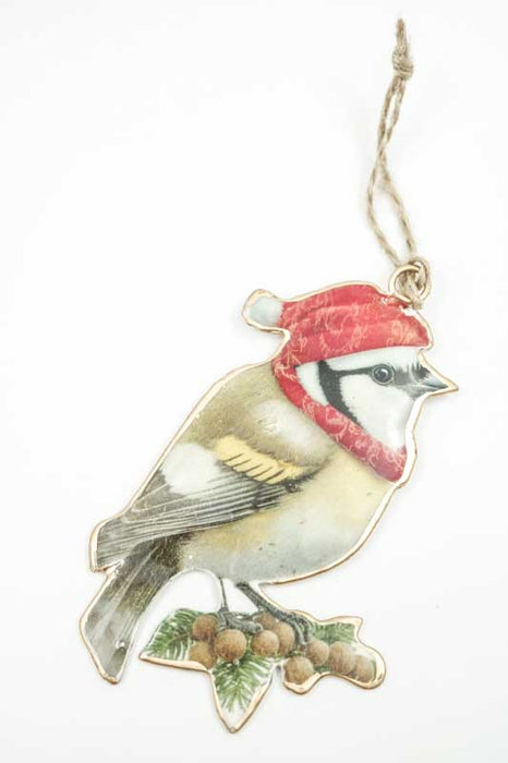 Décoration à suspendre avec imprimé émaillé d’un oiseau portant un bonnet de Noël, 10 cm
