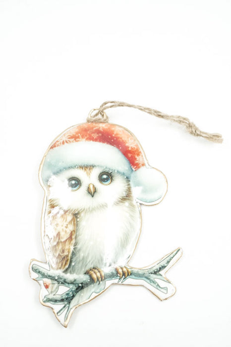 Décoration à suspendre avec imprimé émaillé hibou avec bonnet de Noël 10cm