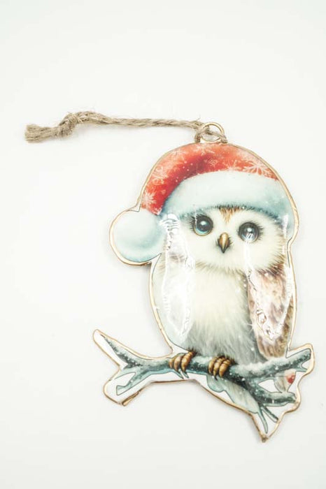 Décoration à suspendre avec imprimé émaillé hibou avec bonnet de Noël 10cm