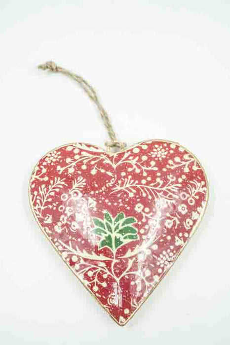 Pendentif imprimé émail cœur rouge avec fleur verte 10cm