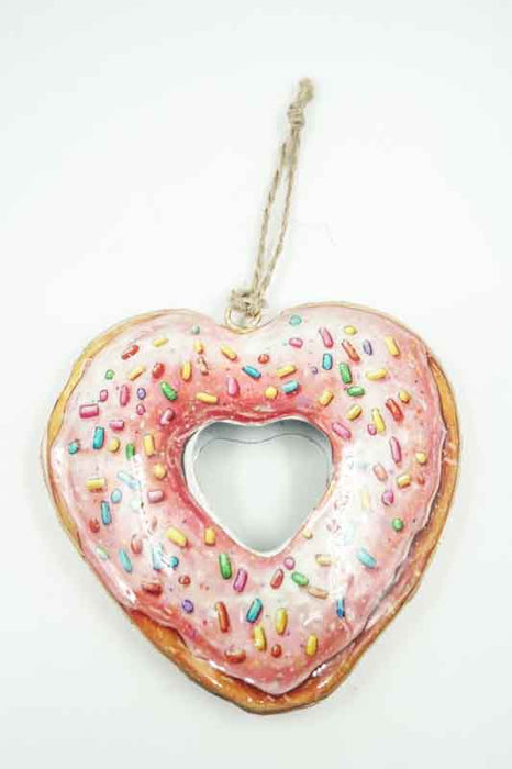 Breloque donut cœur imprimé émail rose/doré avec vermicelles multicolores 10x10cm