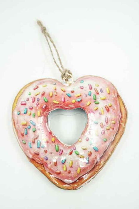 Breloque donut cœur imprimé émail rose/doré avec vermicelles multicolores 10x10cm