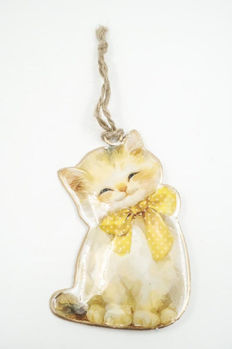 Bijou à suspendre avec imprimé émail chat blanc avec nœud jaune 10cm