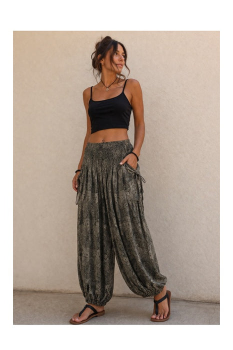 Pantalon sarouel en rayonne vert/kaki/multicolore - Taille unique