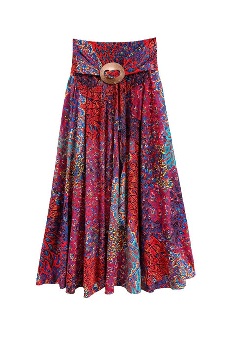 Long Rayon Skirt with Belt red/blue/orange/multicolor - One Size
