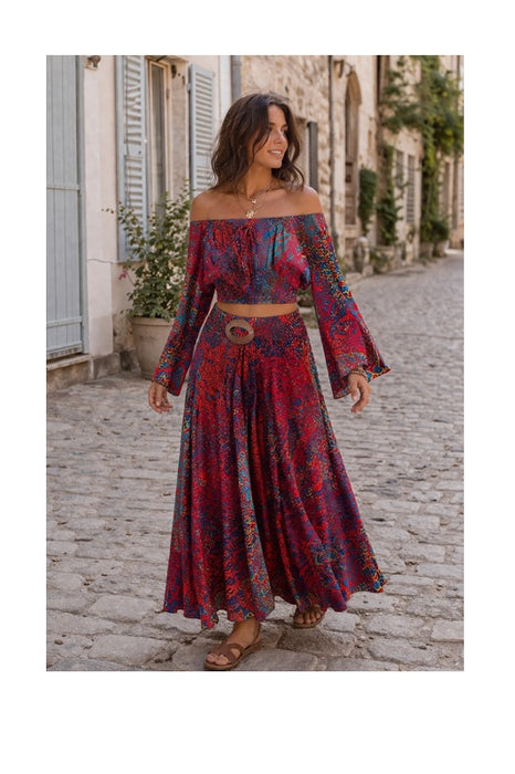 Long Rayon Skirt with Belt red/blue/orange/multicolor - One Size