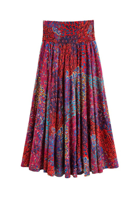 Long Rayon Skirt with Belt red/blue/orange/multicolor - One Size