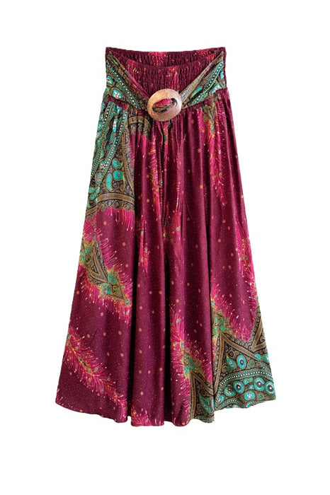 Jupe lang Rayon mit Gurt bordeaux/grün/multicolor - One Size