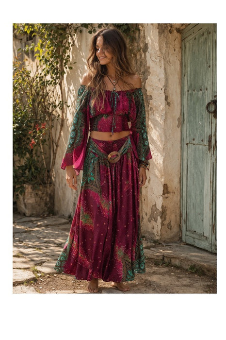 Jupe lang Rayon mit Gurt bordeaux/grün/multicolor - One Size