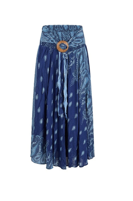 Long rayon skirt with belt navy blue/light blue/white - One Size