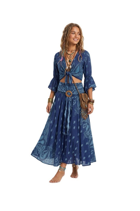 Long rayon skirt with belt navy blue/light blue/white - One Size