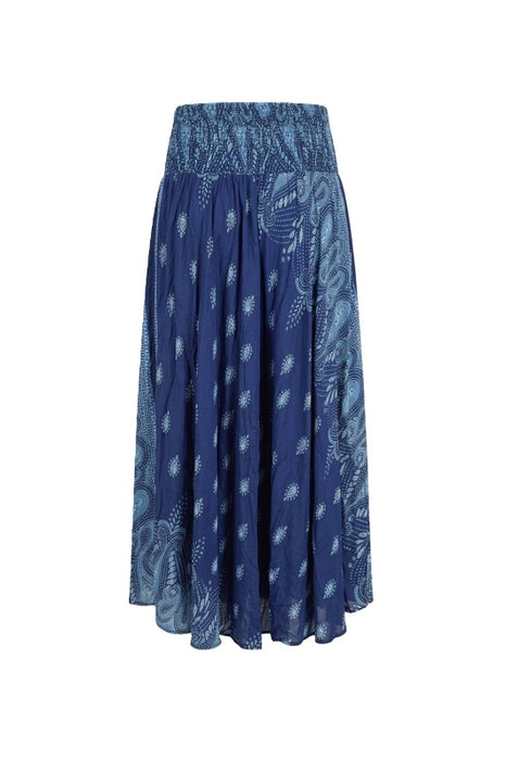 Long rayon skirt with belt navy blue/light blue/white - One Size