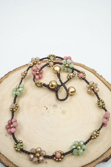 Kette kleine Blumen Steine 4mm rosa/grün/weiss